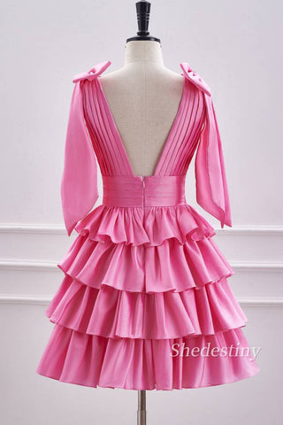 back of Cute Pink V-Neck A Line Short Party Dress