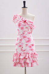 Pink One Shoulder Print Short Homecoming Dress Front Side