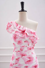 Pink One Shoulder Print Short Homecoming Dress