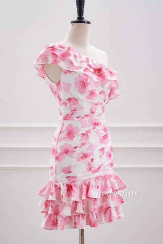 Pink One Shoulder Print Short Homecoming Dress Side