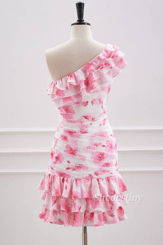 back of Pink One Shoulder Print Short Homecoming Dress