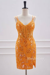 Marigold Double Spaghetti Straps Tight Short Formal Dress Front Side