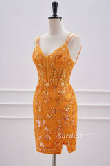 Marigold Double Spaghetti Straps Tight Short Formal Dress