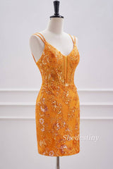 Marigold Double Spaghetti Straps Tight Short Formal Dress Side