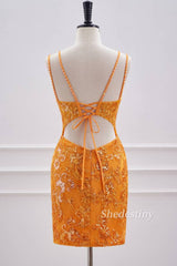 back of Marigold Double Spaghetti Straps Tight Short Formal Dress