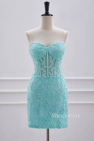 Turquoise Applique Strapless Tight Homecoming Dress Front Side