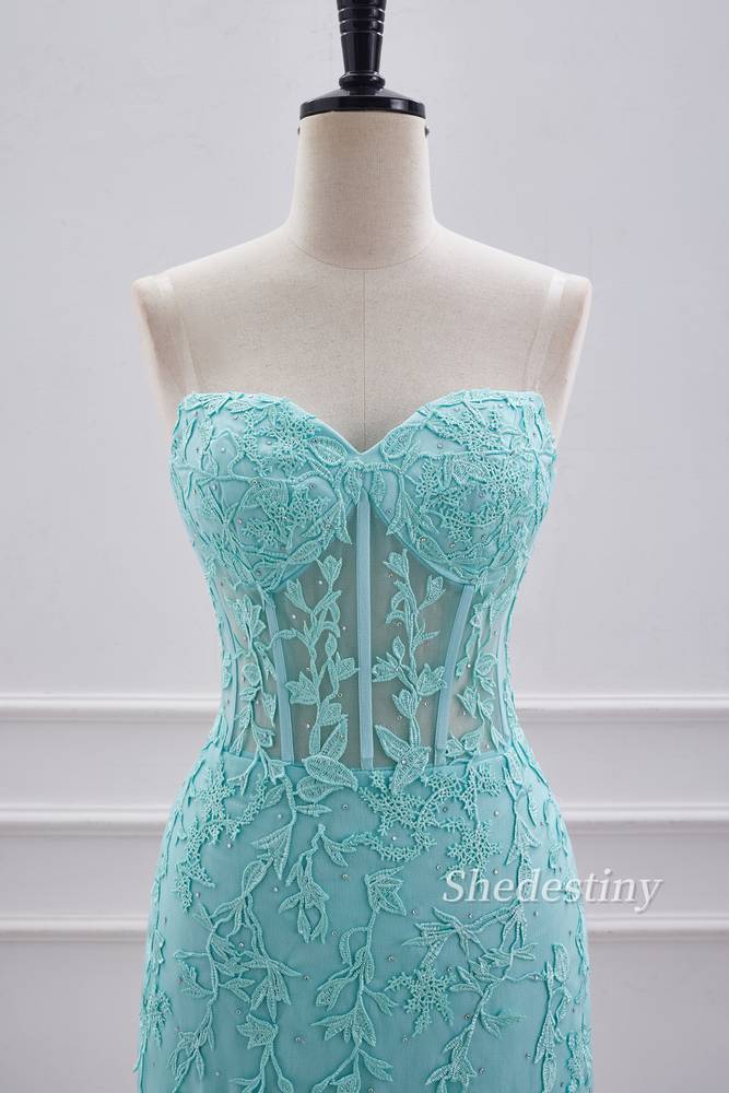 Turquoise Applique Strapless Tight Homecoming Dress