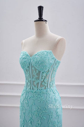 Turquoise Applique Strapless Tight Homecoming Dress