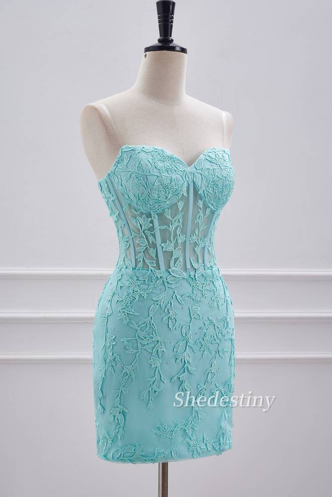 Turquoise Applique Strapless Tight Homecoming Dress Side