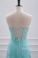 Turquoise Applique Strapless Tight Homecoming Dress