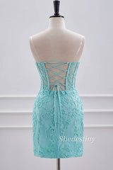 back of Turquoise Applique Strapless Tight Homecoming Dress