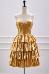 Gold Strapless A-Line Ruffle Metallic Homecoming Dress Front Side