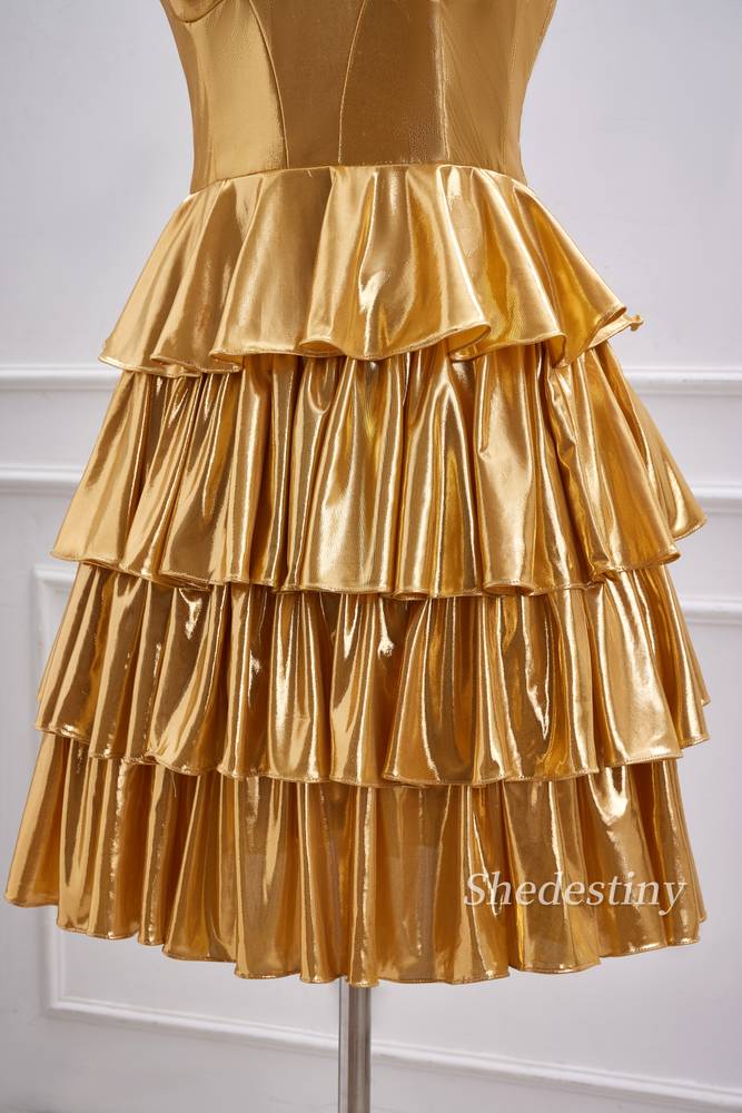 Gold Strapless A-Line Ruffle Metallic Homecoming Dress