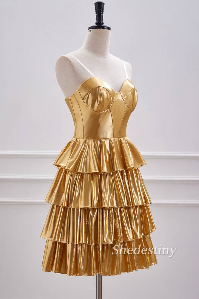 Gold Strapless A-Line Ruffle Metallic Homecoming Dress Side