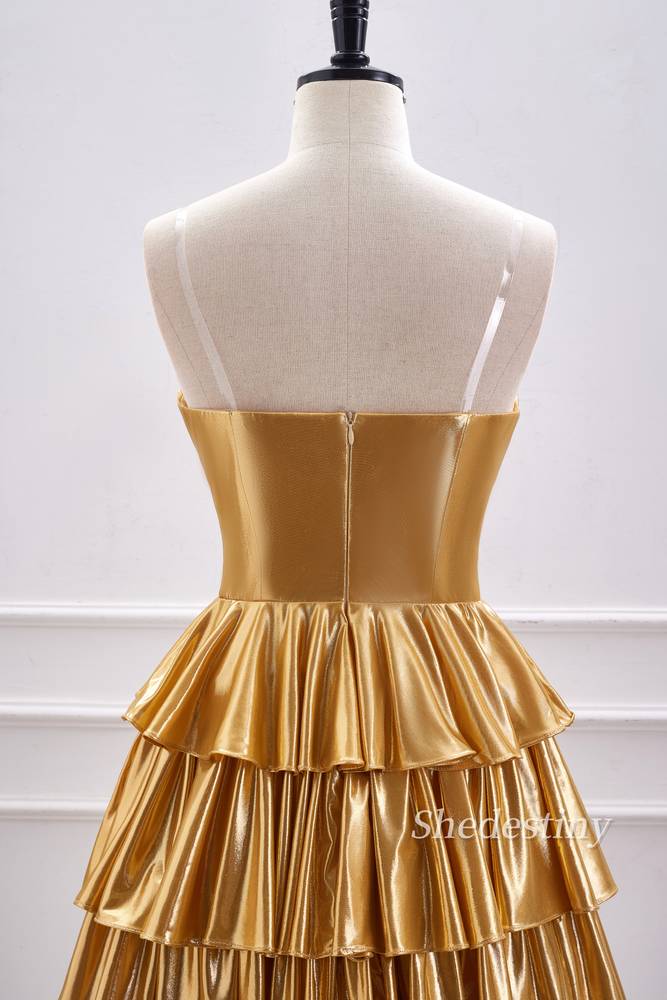 Gold Strapless A-Line Ruffle Metallic Homecoming Dress