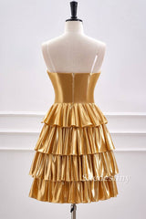 back of Gold Strapless A-Line Ruffle Metallic Homecoming Dress