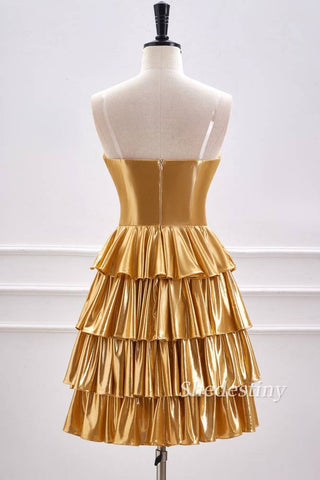 back of Gold Strapless A-Line Ruffle Metallic Homecoming Dress