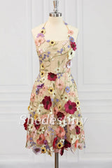 Champagne 3D Flower Print Halter A-Line Party Dress 