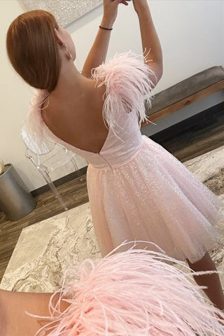 A-Line Pink Sequin-Embroidery V-Neck Short Homecoming Dress with Feathers