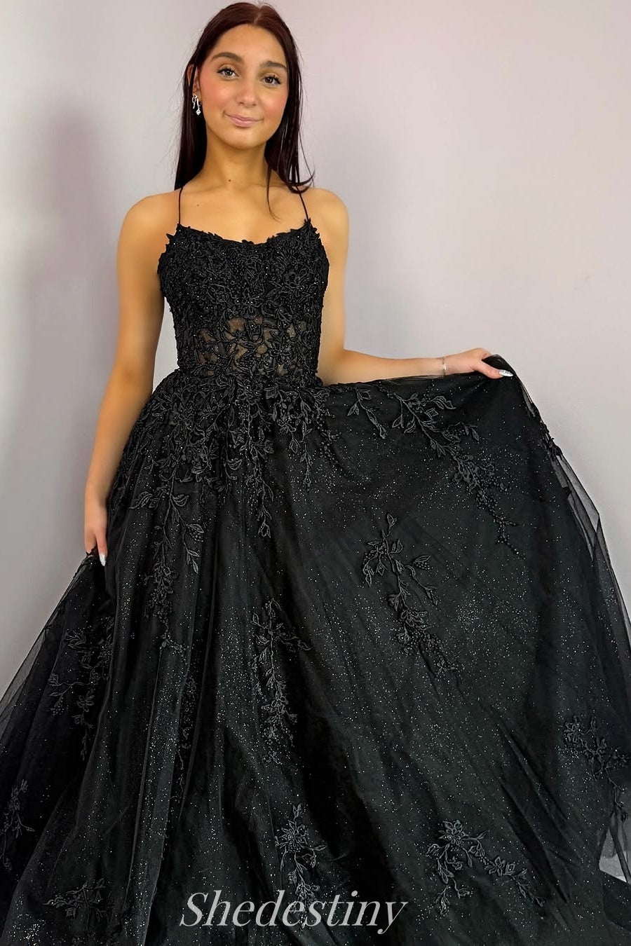Applique A-Line Black Tulle Prom Dress