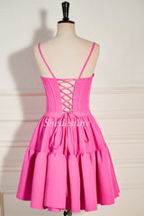 Pink Scoop Neck Lace-Up A-Line Short Party Dress with Ruffles