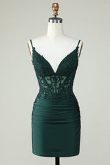 Hunter Green V-Neck Open Back Cocktail Dress with Appliques