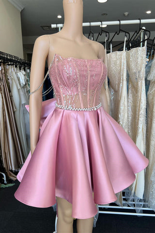 Pink Off-the-Shoulder Bow-Back A-Line Short Dress