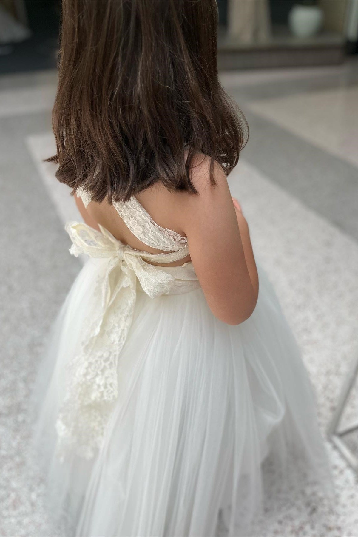 Ivory Lace Strappy Tie-Back A-Line Flower Girl Dress