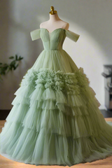 Elegant Sage Green Tulle Off the Shoulder Long Prom Dress