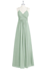 Dusty Sage Pleated Straps Chiffon Keyhole Long Bridesmaid Dress