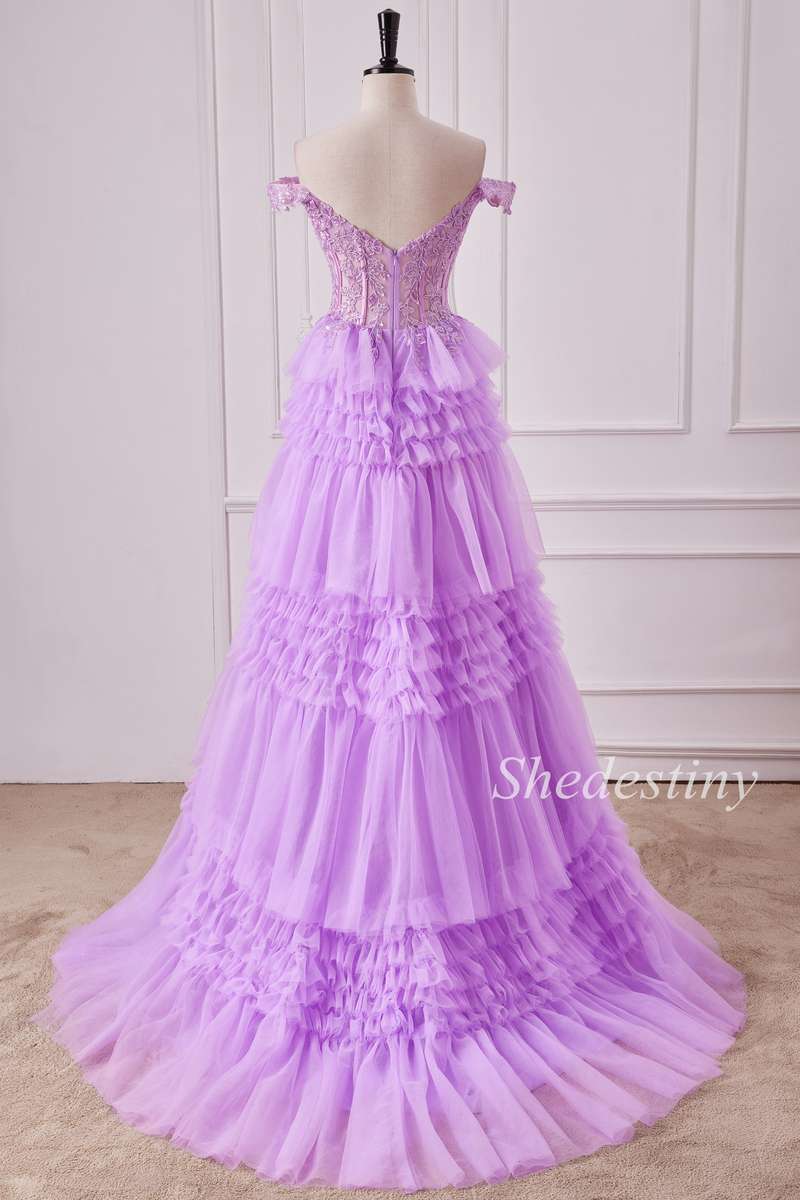 Lilac Sweetheart Ruffle Tiered Long Gown