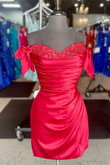 Red Lace Off-the-Shoulder Short Gown with Tying Straps