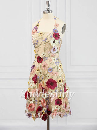 Champagne 3D Flower Print Halter A-Line Party Dress Side