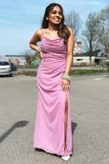 Metallic Pink Cowl Neck Spaghetti Strap Maxi Dress with Slit