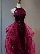 A-Line Sequins Halter Tulle Wine Red Evening Dress