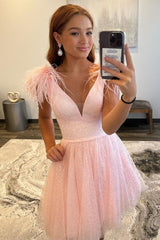 A-Line Pink Sequin-Embroidery V-Neck Short Homecoming Dress with Feathers