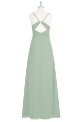 Dusty Sage Pleated Straps Chiffon Keyhole Long Bridesmaid Dress