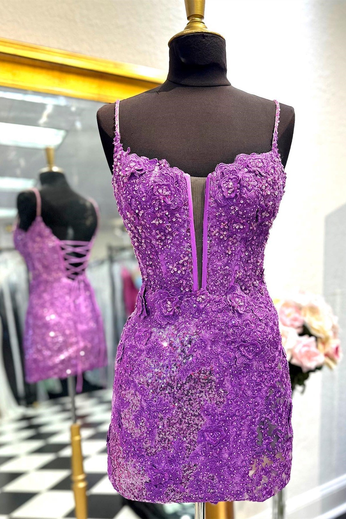 Magenta Sequin Lace-Up Short Homecoming Dress with 3D Floral Lace