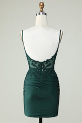 Hunter Green V-Neck Open Back Cocktail Dress with Appliques