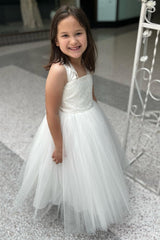 Ivory Lace Strappy Tie-Back A-Line Flower Girl Dress