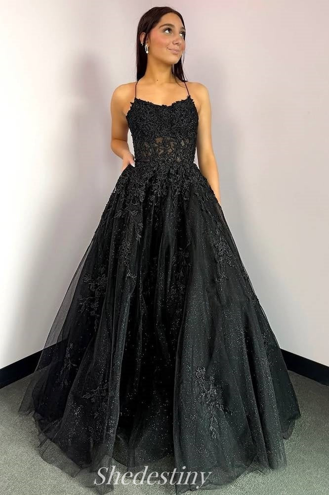 Applique A-Line Black Spaghetti Straps Tulle Prom Dress