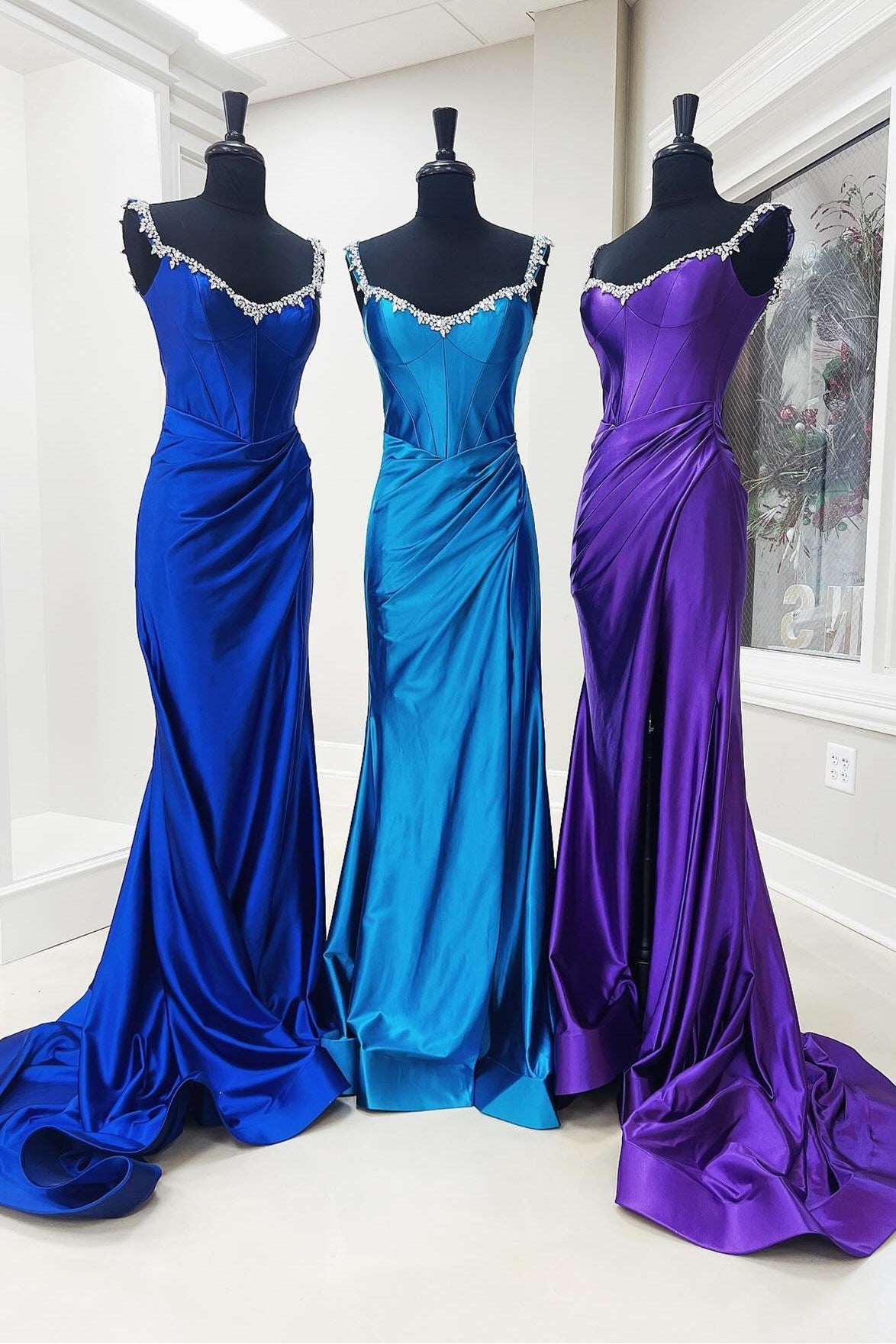 Royal Blue Rhinestone Off-the-Shoulder Long Prom Dress with Slit
