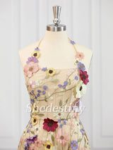 Champagne 3D Flower Print Halter A-Line Party Dress