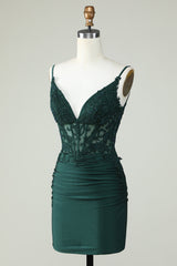 Hunter Green V-Neck Open Back Cocktail Dress with Appliques