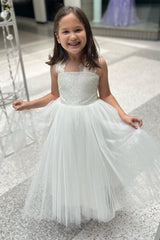 Ivory Lace Strappy Tie-Back A-Line Flower Girl Dress