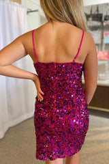 Iridescent Magenta Sequin V-Neck Cocktail Dress