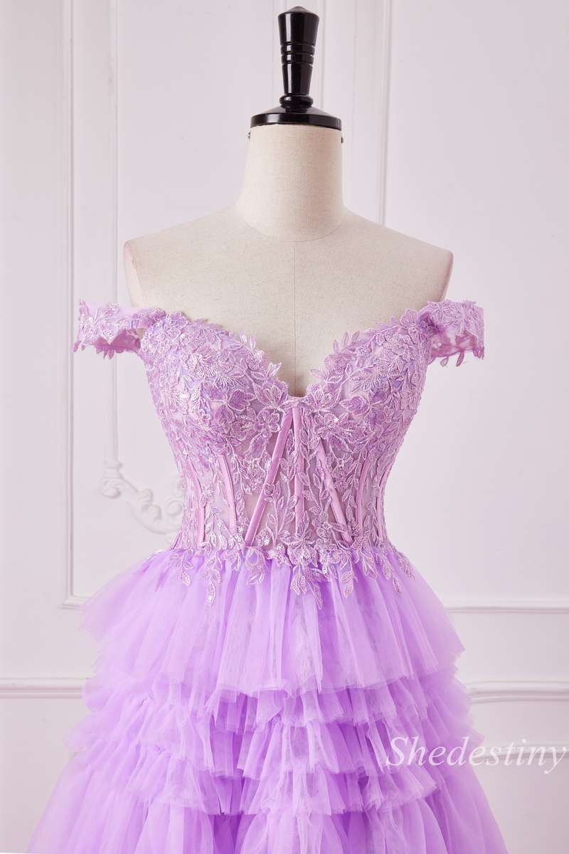 Lilac Sweetheart Ruffle Tiered Long Gown