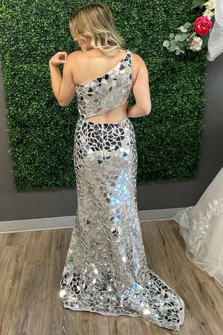 Silver Cut Glass Mirror One-Shoulder Long Prom Dress with Slit