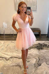 A-Line Pink Sequin-Embroidery V-Neck Short Homecoming Dress with Feathers