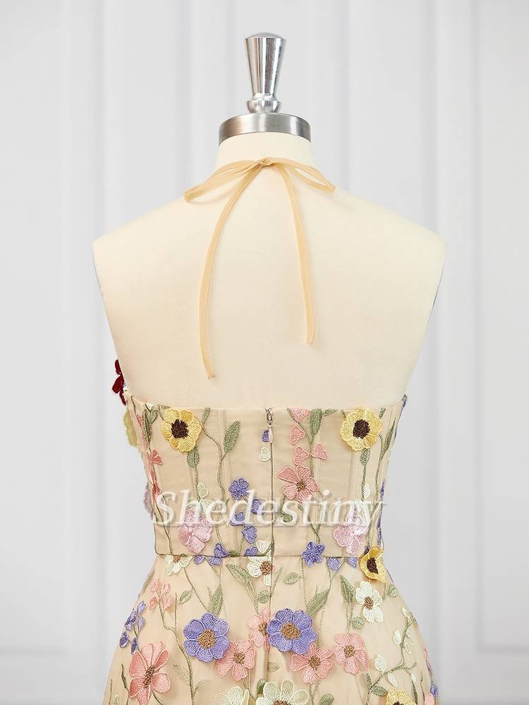 Champagne 3D Flower Print Halter A-Line Party Dress